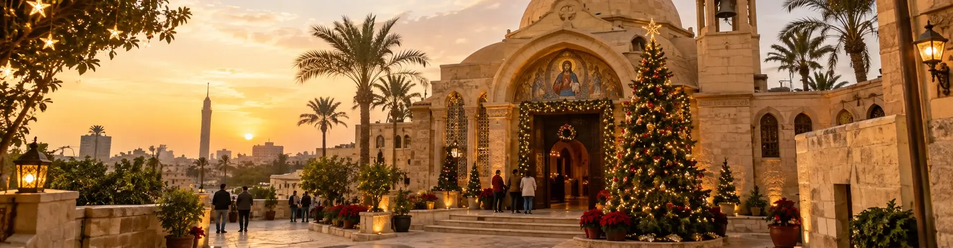 Historic church in Cairo decorated for Christmas with a large Christmas tree and Cairo skyline at sunset.