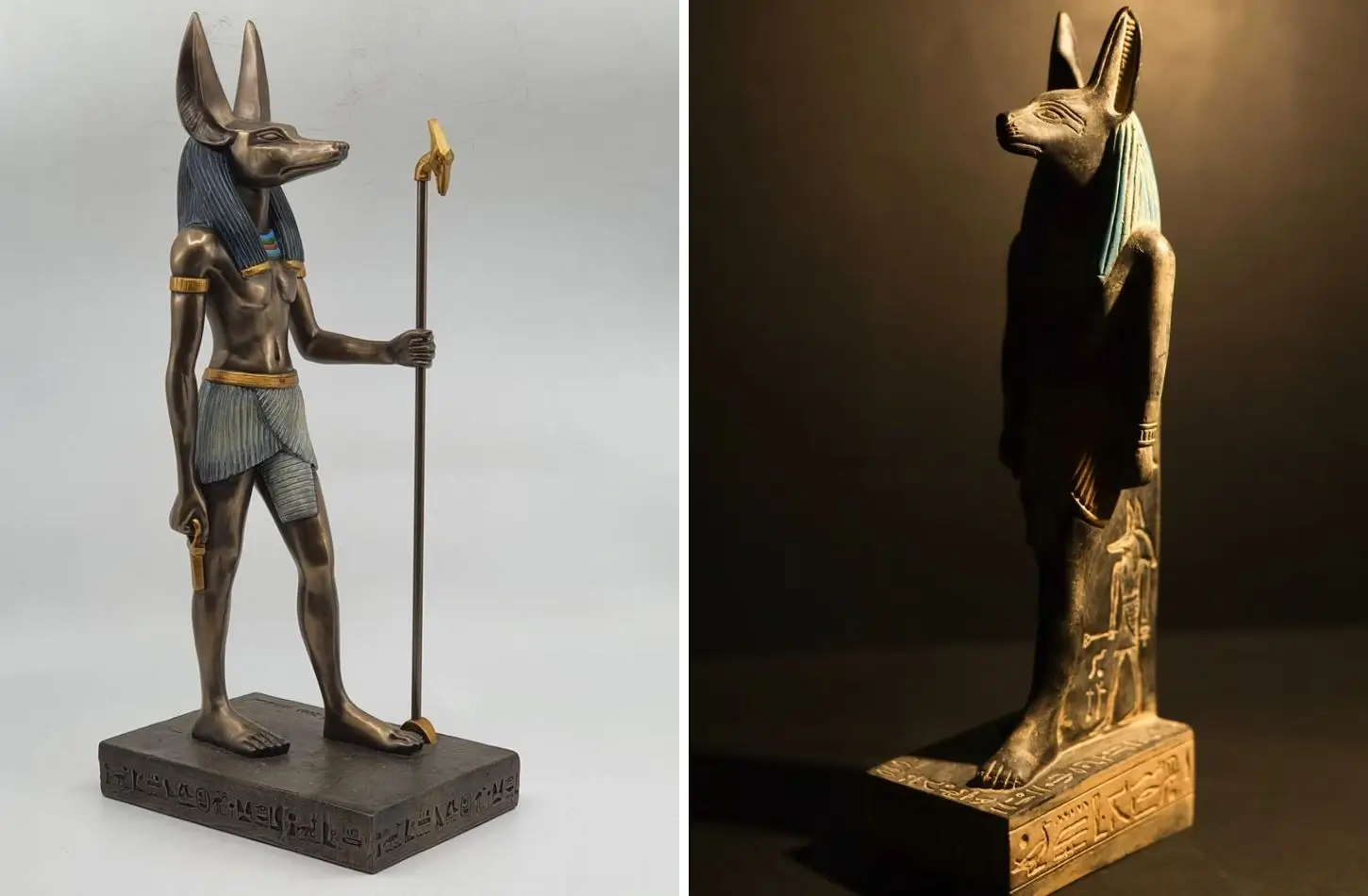 Side-by-side images of an ancient Egyptian god Anubis statue, showing detailed full view.