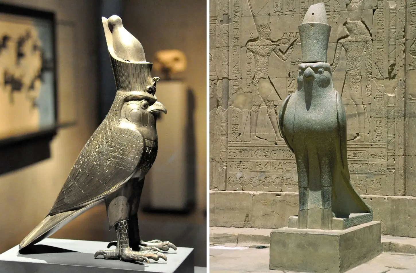 A comparison of two statues of the Egyptian god Horus as a falcon, wearing double and white crowns.