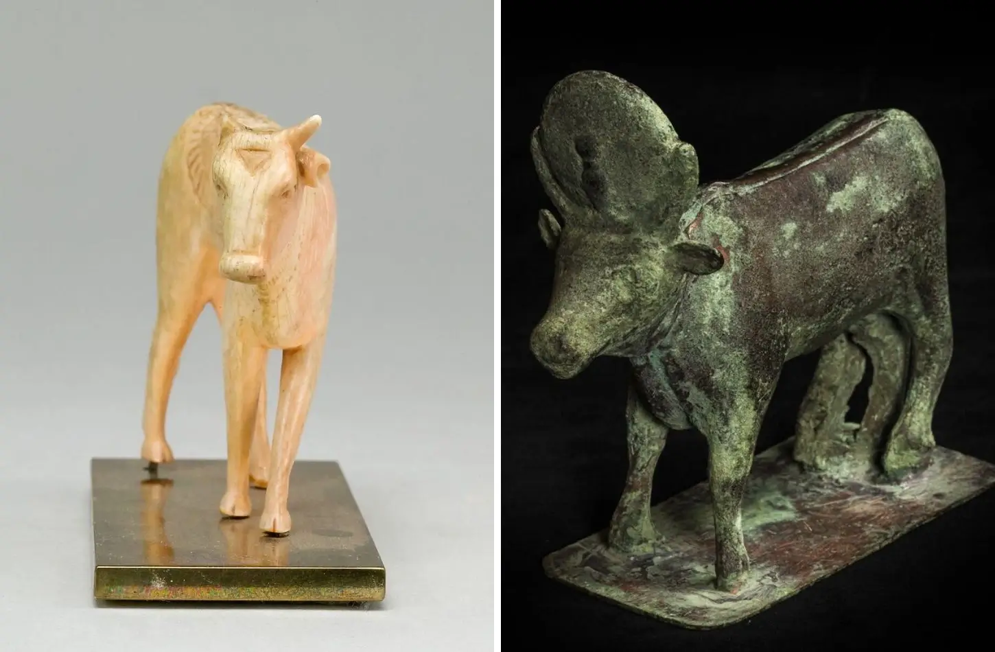 An illustration of two artifact views depicting Apis the Bull, showing an ivory carving and a bronze statue from the side.
