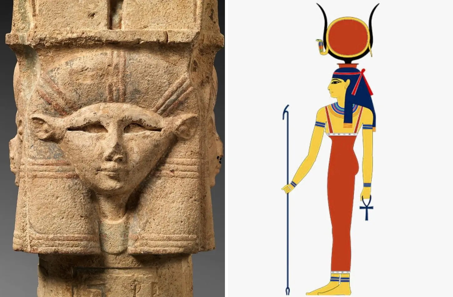 Comparison between an ancient stone carving of the crown of a Hathor statue and a modern illustration