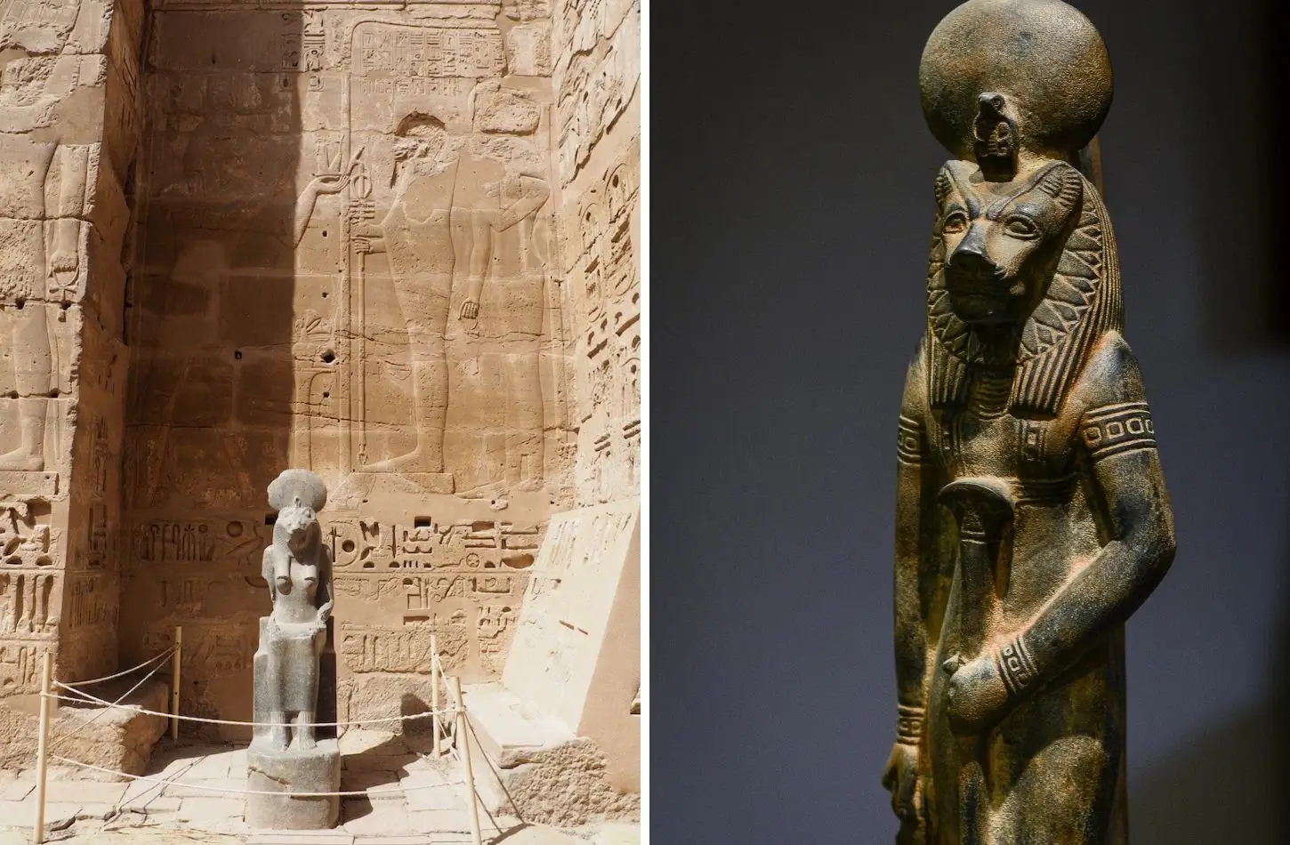 A comparison of an outdoor Sekhmet statue in a temple relief and a detailed close-up of a granite Sekhmet statue.