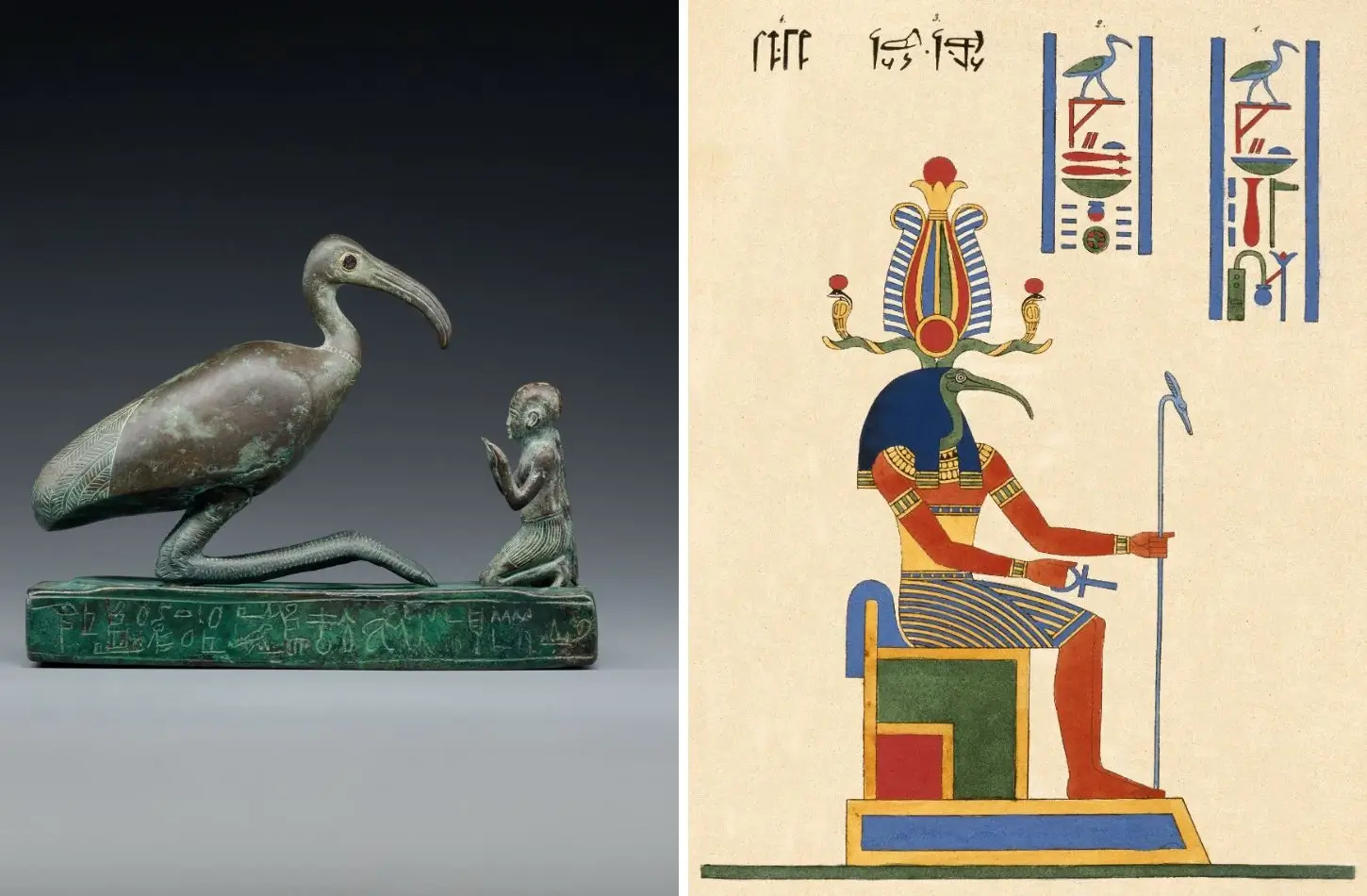 Ancient Egyptian god Thoth bronze statue and papyrus illustration on a museum artifact display