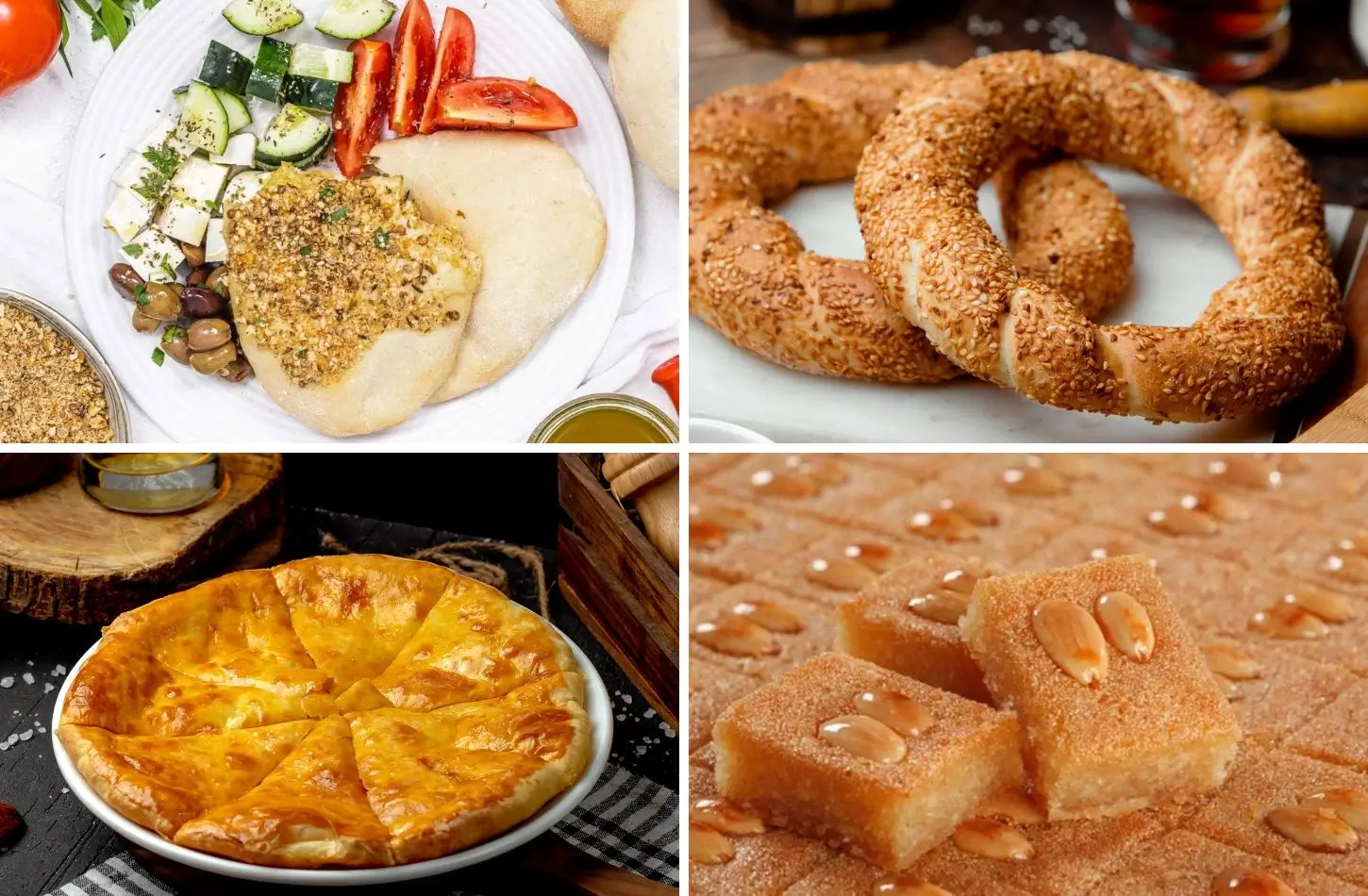 Traditional Egyptian food collage featuring Feteer Meshaltet, almond Basbousa, Simit bread, and a fresh breakfast plate.
