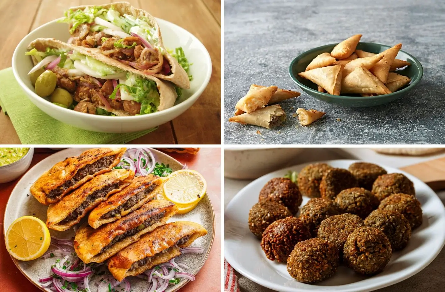 Popular Egyptian street food collage: Hawawshi meat pies, Taamiya falafel, Ful Medames sandwich, and Sambousek.