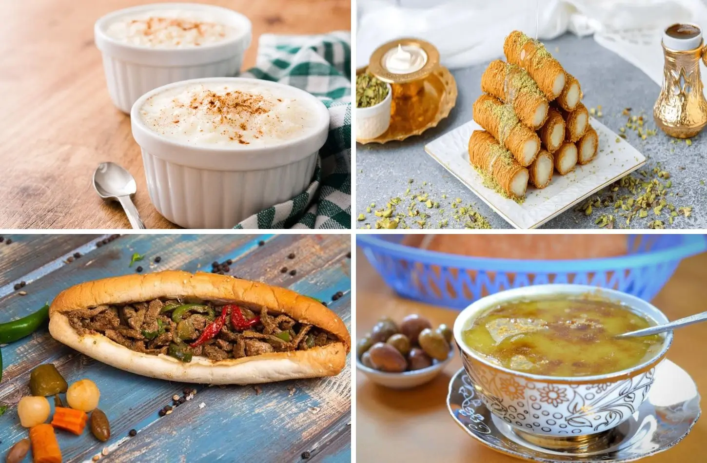 Popular Egyptian dishes collage including liver sandwich, kunafa rolls, and roz bel laban rice pudding