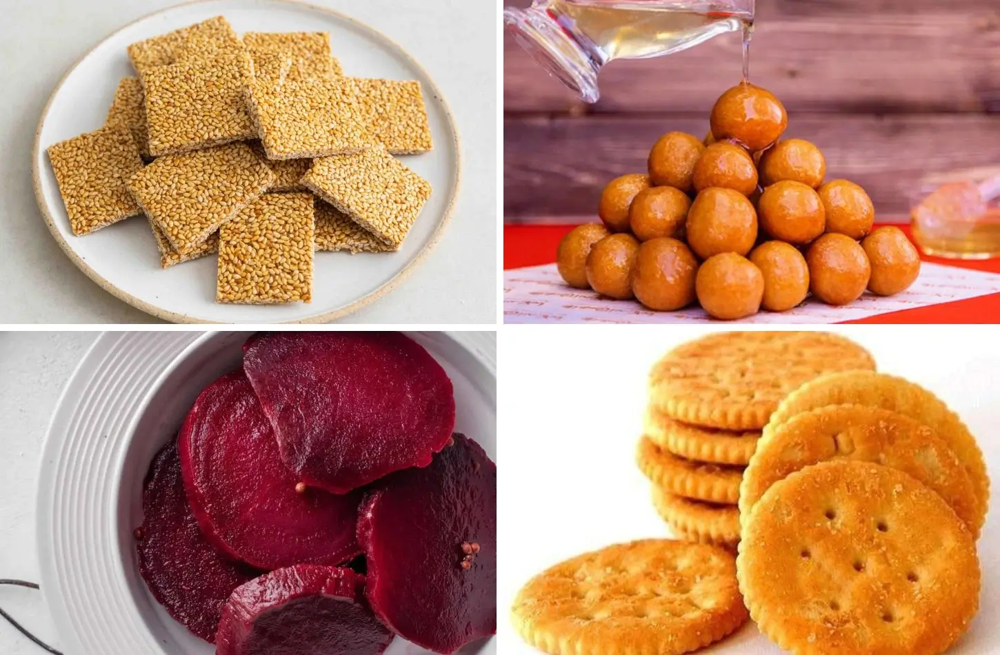 Traditional Egyptian snacks collage: square Simsimiya sesame bars, Zalabia with syrup, beet slices, and round golden crackers