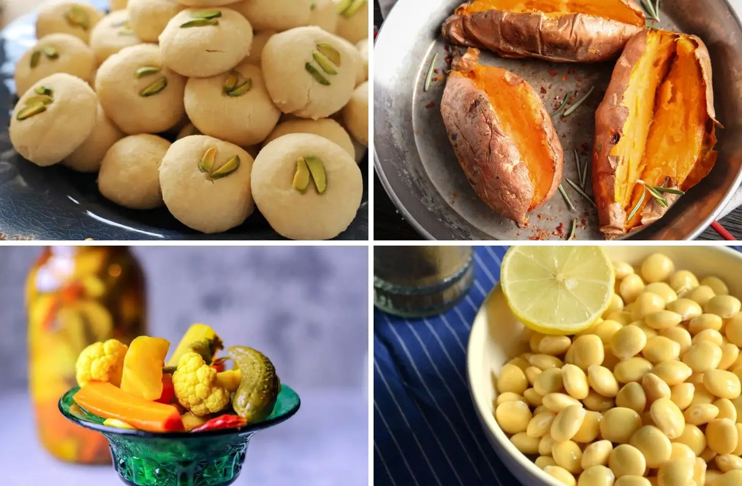 Collage of Egyptian snacks: Ghorayeba cookies with pistachios, roasted sweet potatoes, pickled vegetables, and lupini beans