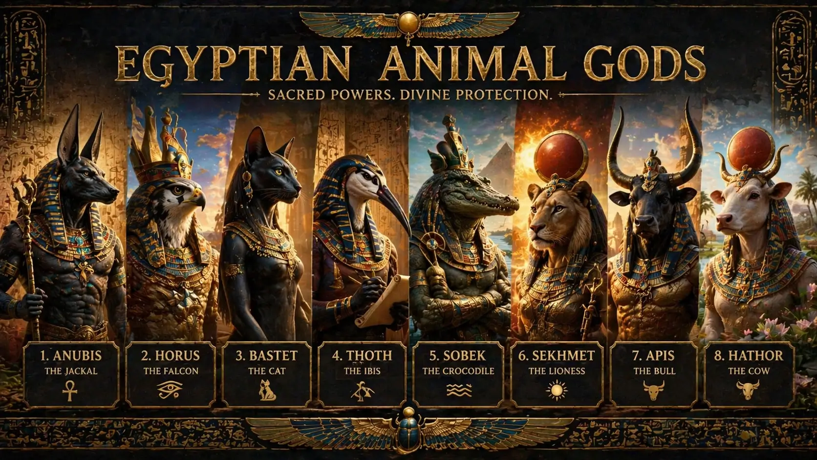 An illustration of the eight main Egyptian Animal Gods: Anubis, Horus, Bastet, Thoth, Sobek, Sekhmet, Apis, Hathor.