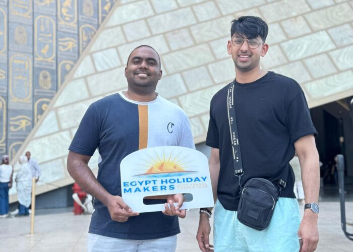 a wonderful shot of two of our visitors in front of the grand egyptian museum