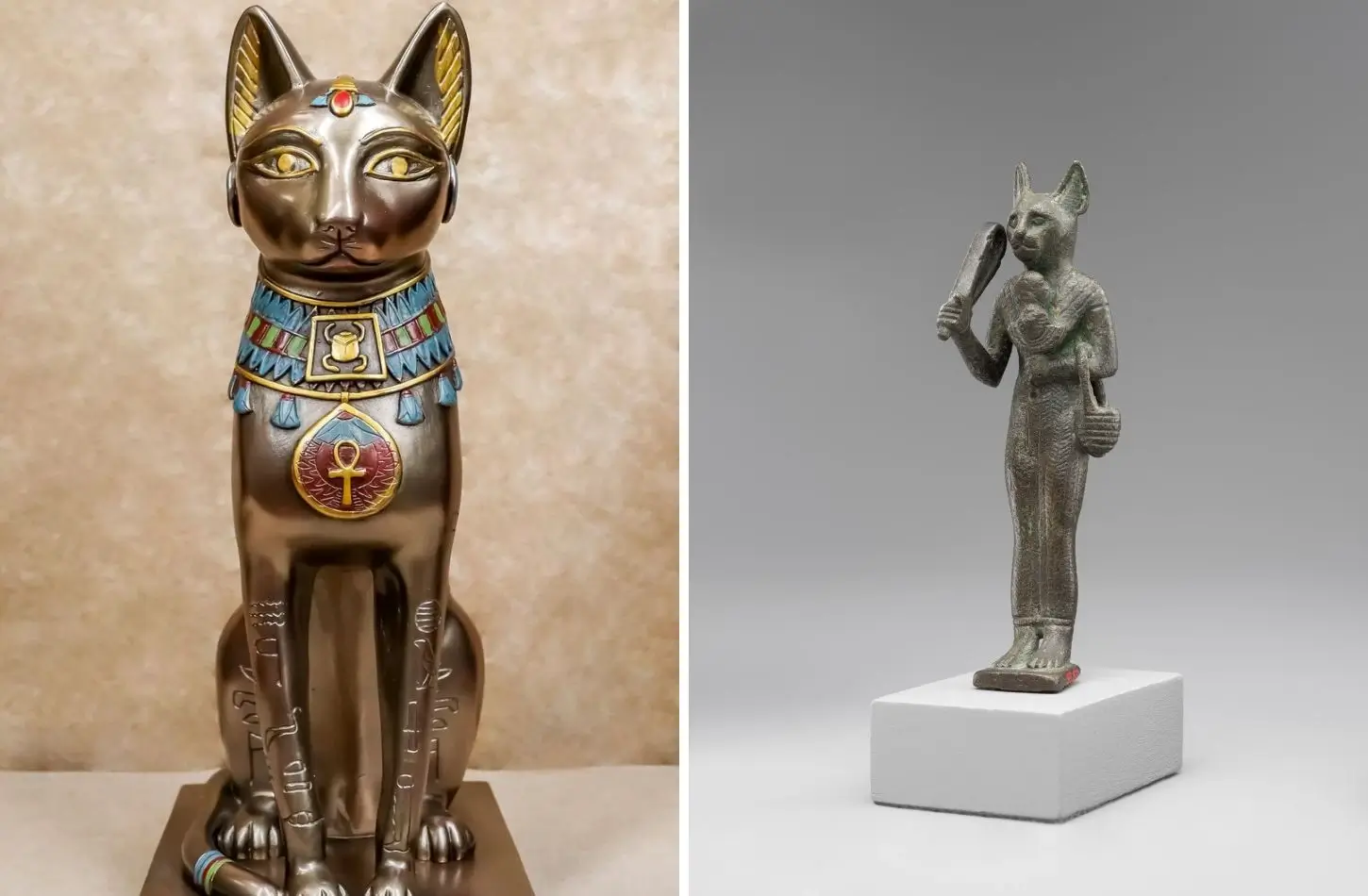 Ancient Egyptian goddess Bastet cat statue and bronze anthropomorphic standing figure on display