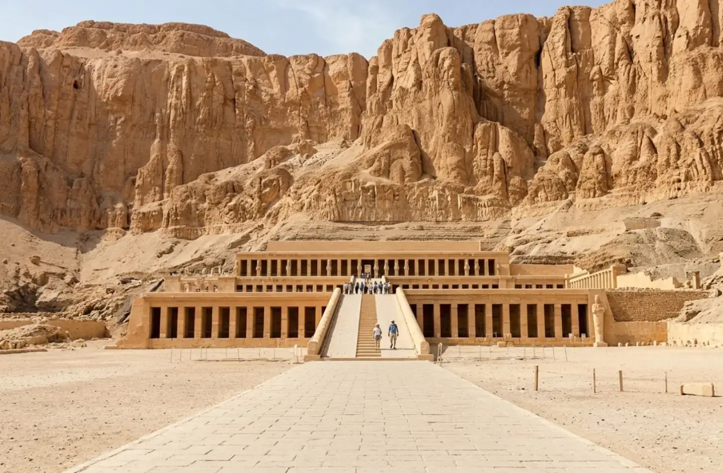 Tourists visiting the Mortuary Temple of Hatshepsut in Luxor while traveling through Egypt in November