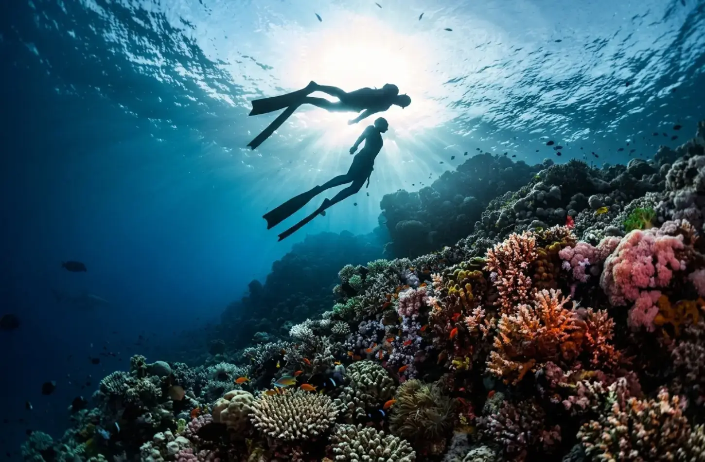 Two freedivers swimming above a vibrant coral reef in the Red Sea while visiting Egypt in November
